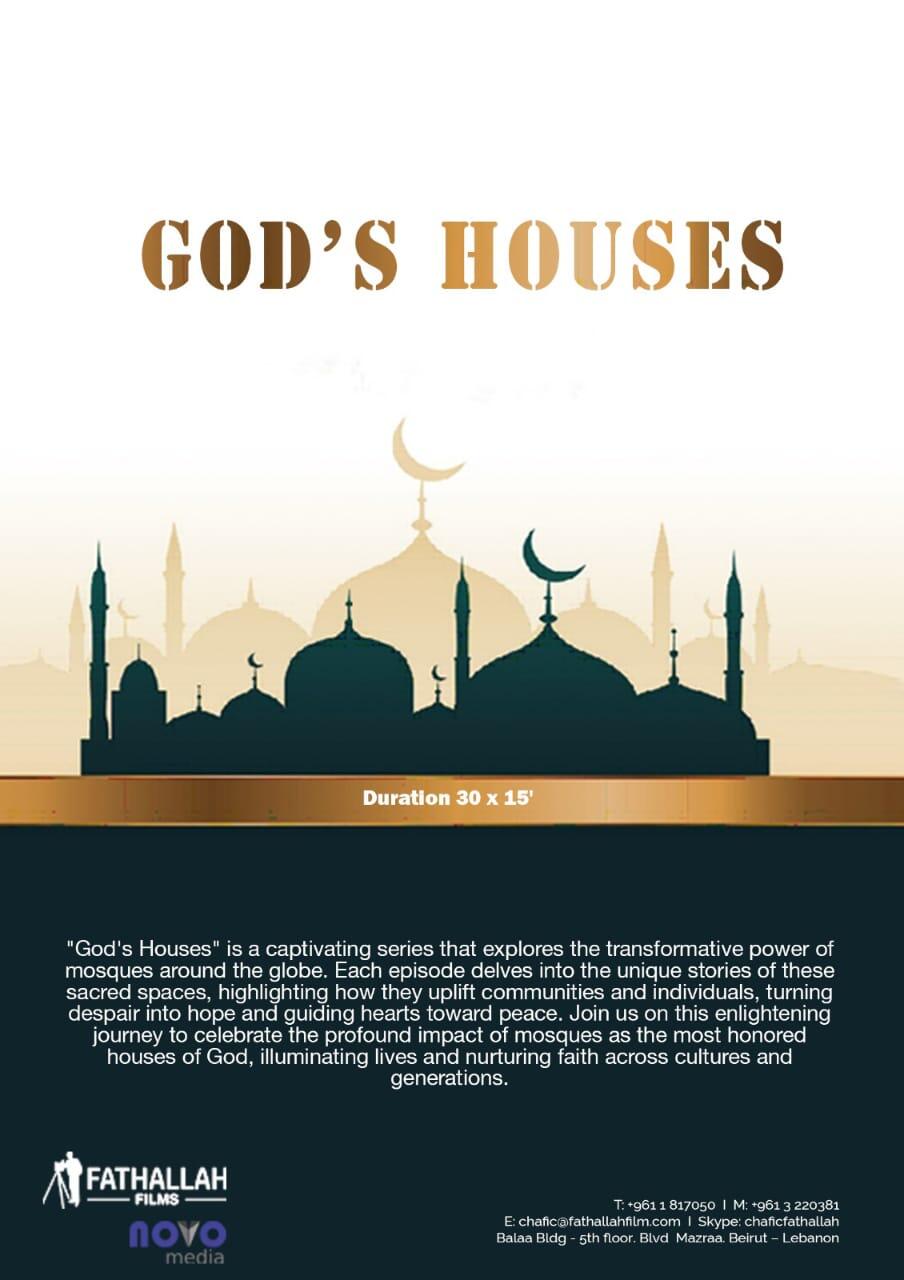 Illustrated poster for God's Houses show featuring mosque silhouettes at sunset.